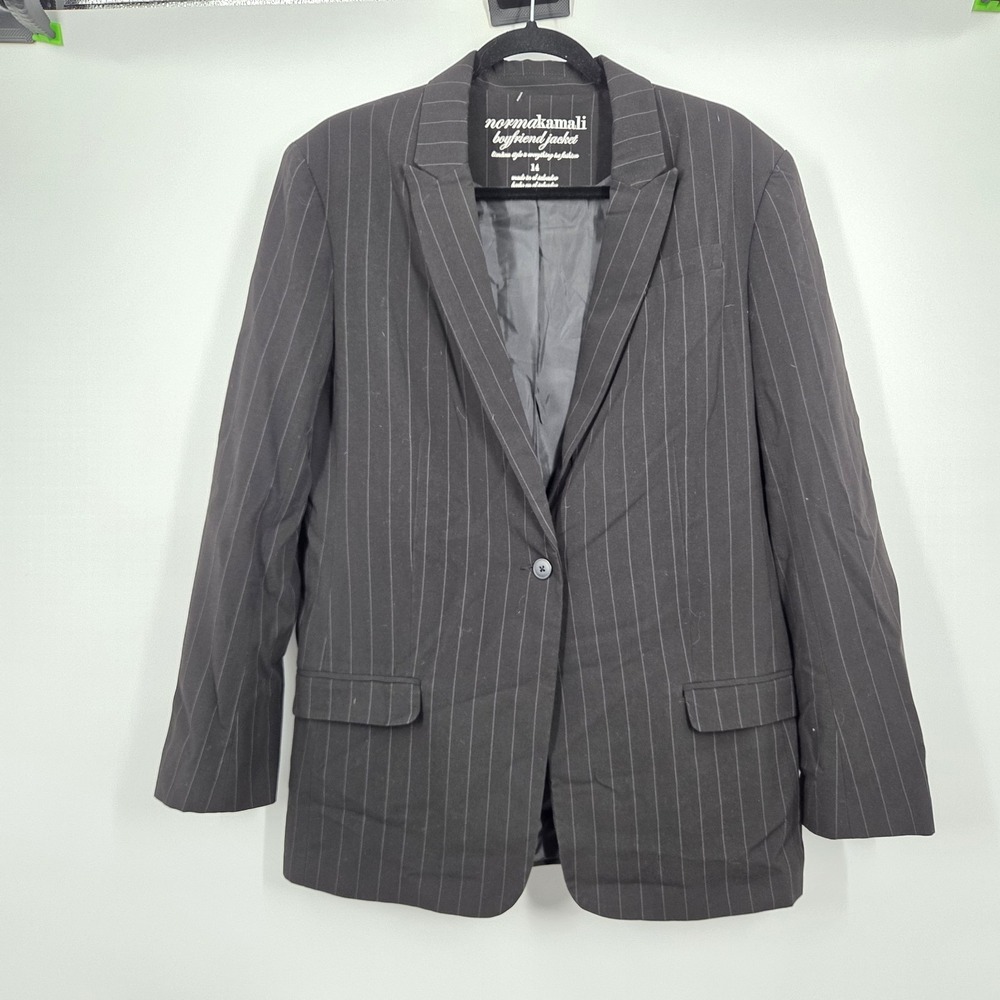Norma Kamali Black White Pin-Stripe 1-Button Boyfriend Blazer Jacket 14 US = XL